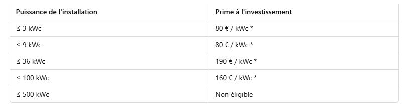 Tableau des prime à l'autoconsommation au 1er trimestre 2025 : découvrez le montant des primes par kWh selon la puissance de votre installation