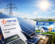 Installation de panneaux photovoltaïques avec document EDF OA indiquant les tarifs de rachat de l’électricité solaire, calculateur et réseau électrique en arrière-plan Vitrolles Marignane Velaux Rognac