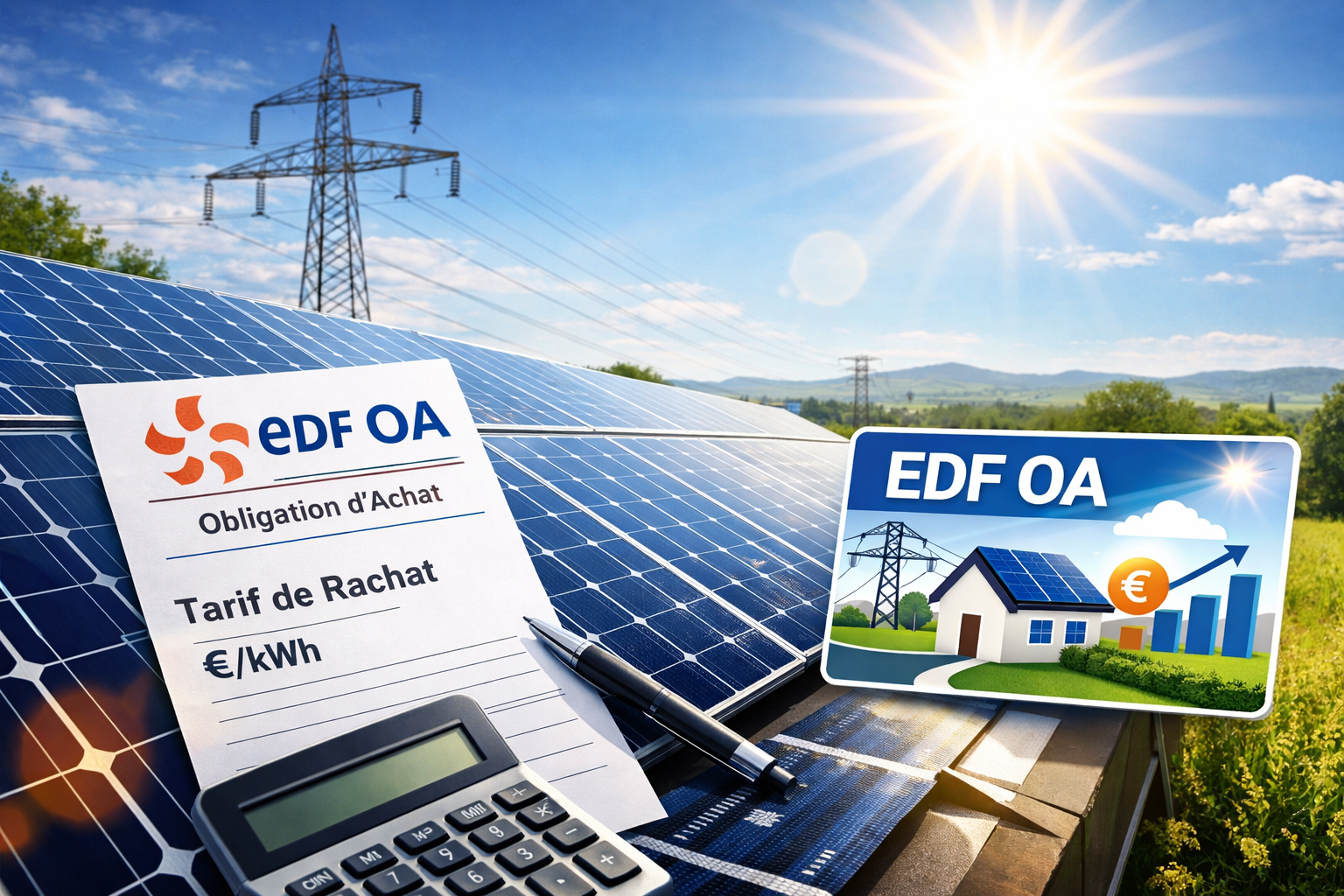 Installation de panneaux photovoltaïques avec document EDF OA indiquant les tarifs de rachat de l’électricité solaire, calculateur et réseau électrique en arrière-plan Vitrolles Marignane Velaux Rognac